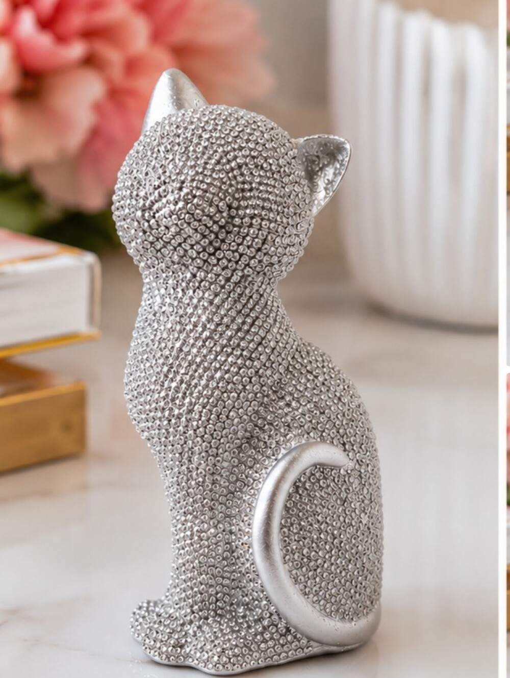 Silver Beaded Cat Figurine